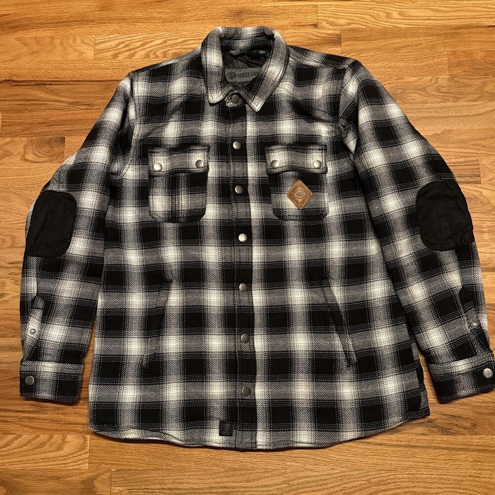 Harley Davidson L Mens Black White Gray REINFORCED RIDING SHIRT JACKET Flannel